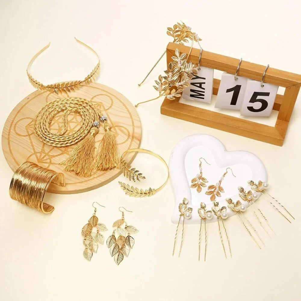 Greek Goddess Costume Jewelry Set Gold Laurel Leaf Crown Earrings Necklace